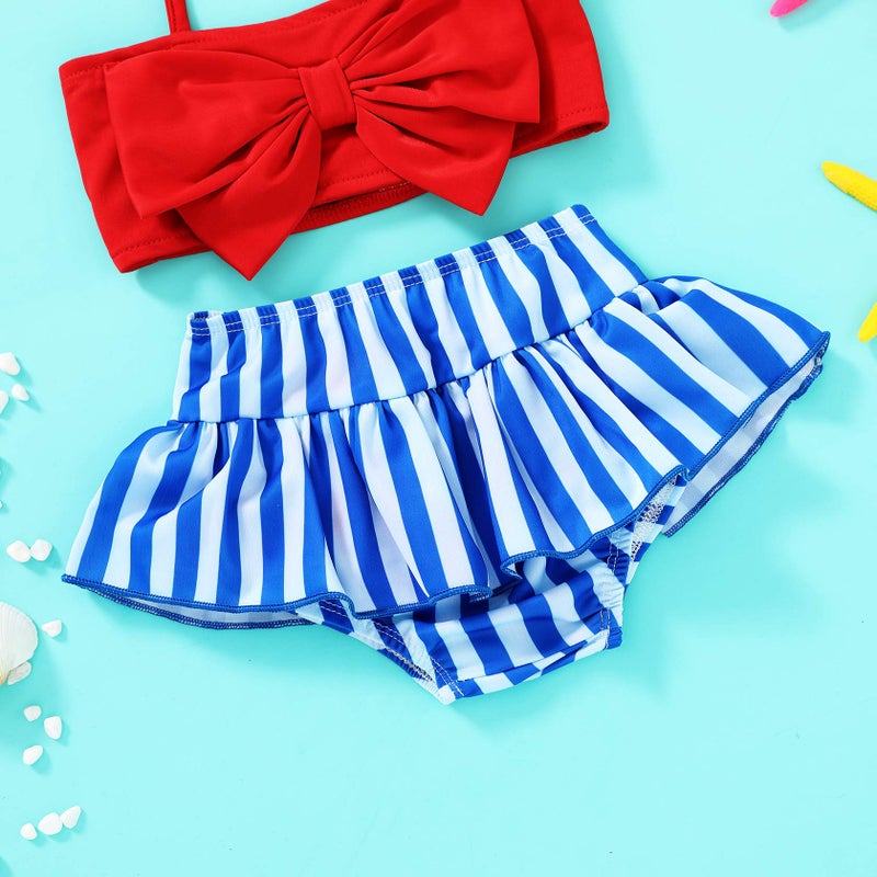 JEELLIGULAR Toddler Baby Girl Swimwear Bowknot Stripe Swimsuit Bathing Suit 2Pcs Bikini Set Outfits Summer (18-24 Months, Red) - Image 3